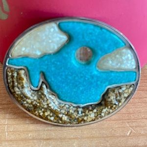 Vtg. Sterling Silver/ Turquoise, White, Brown Chips Look SZ 13/4”X1 1/2” Brooch